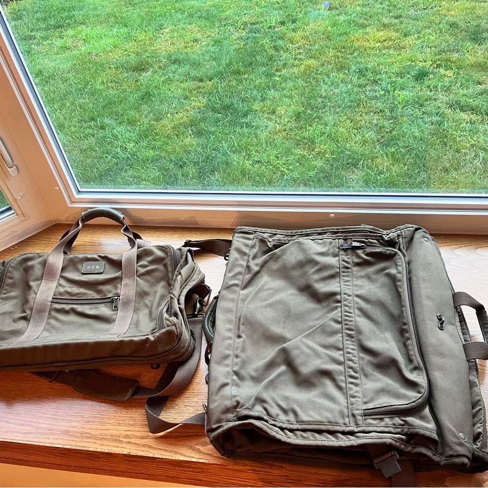 Tumi luggage set: garment bag and weekender duffel bag canvas leather trim